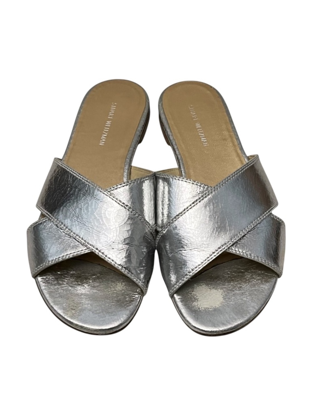 Stuart Weitzman Byway Slides Silver Metallic Leather Flat Sandals 7 - Picture 2 of 13